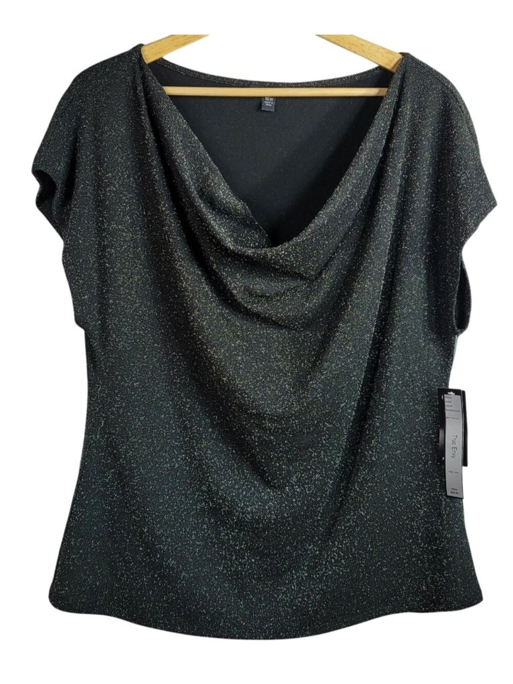 True Envy Sparkle Top Black Silver 16W Scoop Neck Cap Sleeve Pullover Lined NEW